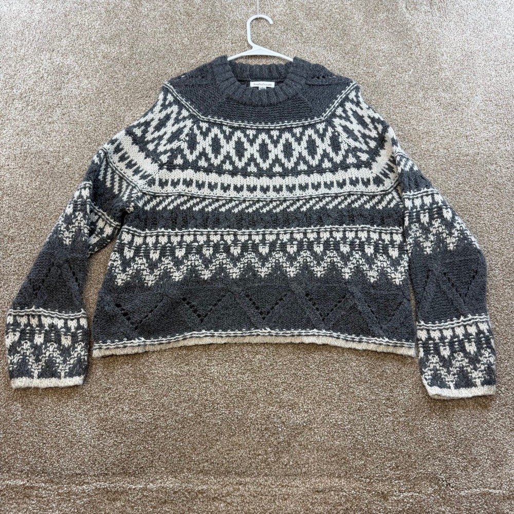 John Paul Richard Womens Gray White Fair Isle Knit Crew Neck Sweater L Cozy